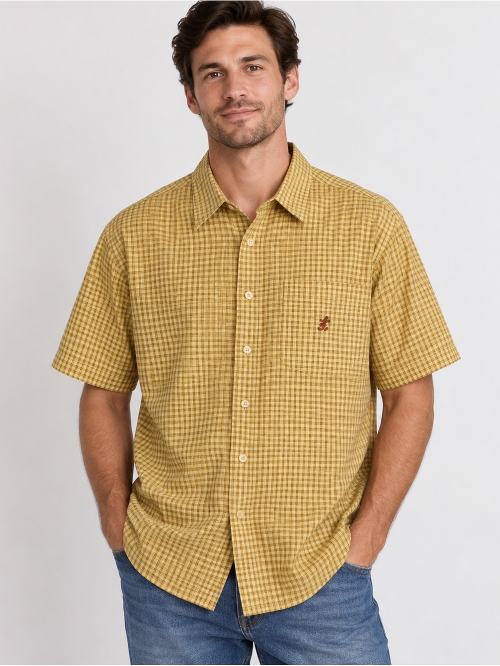 Vintage Walt Disney World Mickey Plaid Button Up Shirt Men’s XL Yellow Brown